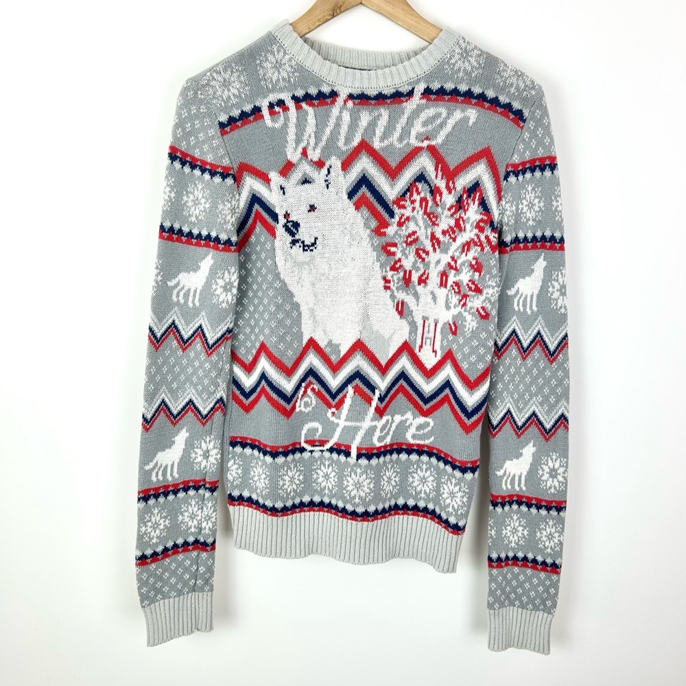 Game of Thrones Winter Is Here Sweater Wolf Ugly‎ Christmas Fray Size Small